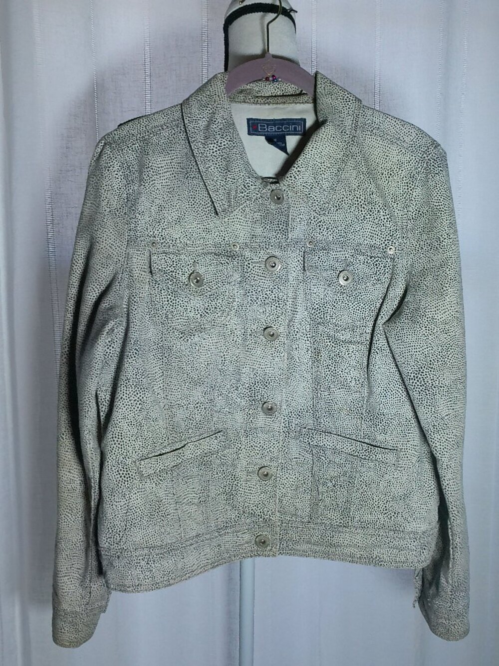 BACCINI  Long Sleeve Button Up Gray w/ Tiny Black Dots Bomber Jacket M